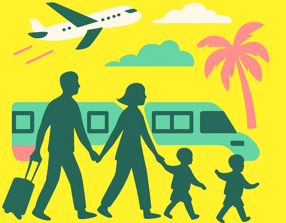 Image of a family walking toward a palmtree, the dad is pulling a suitcase. There is a plane and train in the background insinuating that they are travellers
